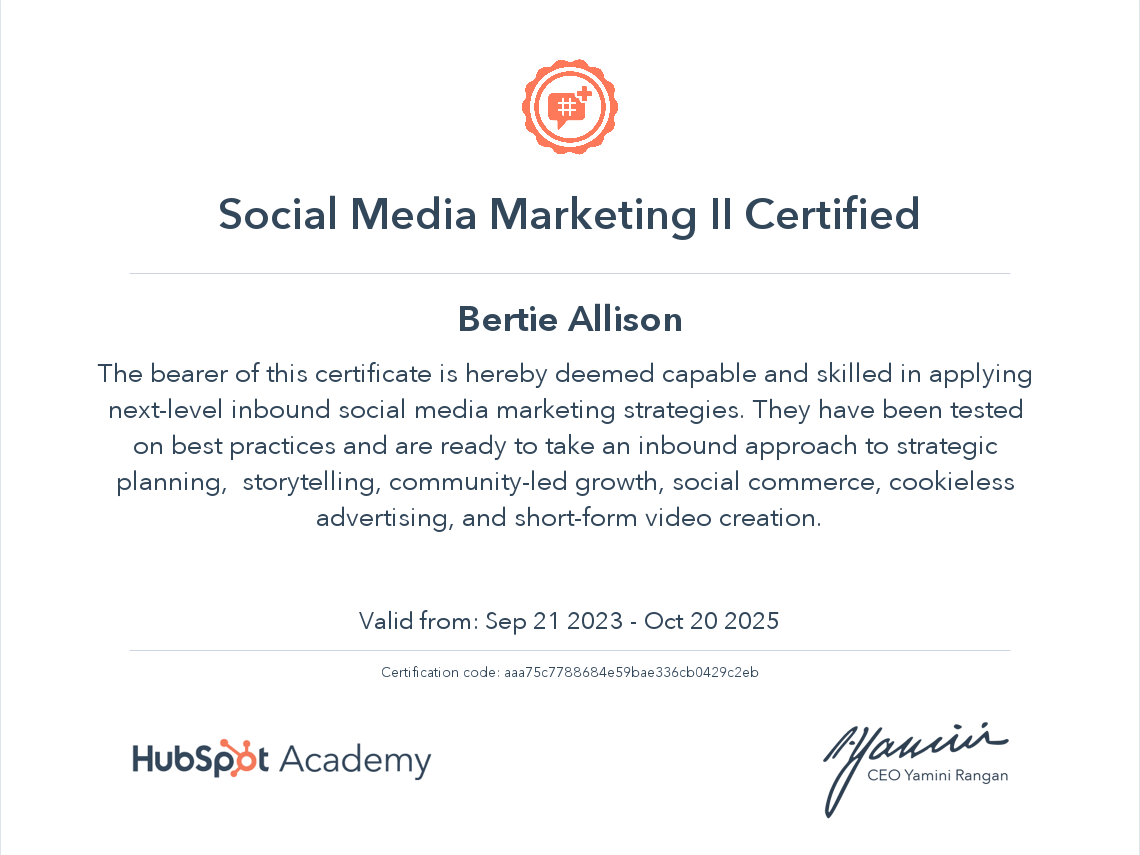 Rob's Social Media Marketing (Part 2) Certificate